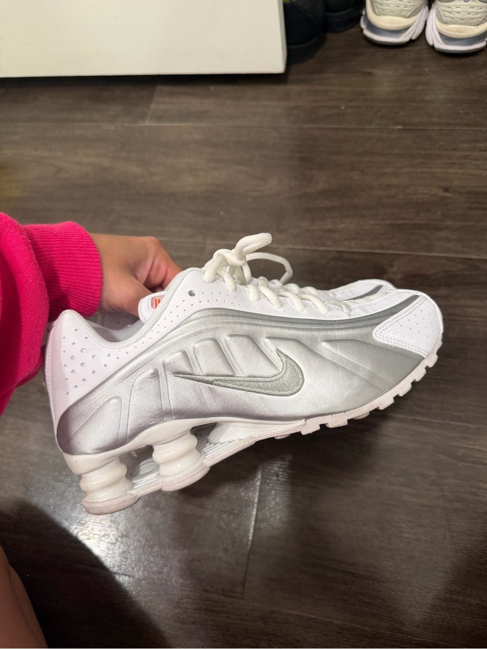 Nike White and Silver Shox Sneaker